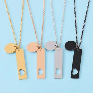 Stainless Steel Vertical Bar Necklace with Hollow Heart and Round Charm Custom Engravable Multi Color for Couples