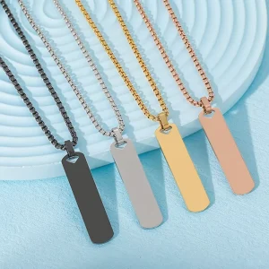 Stainless Steel Vertical Bar Pendant Box Pearl Chain Necklace Rose Gold Plated Custom Engravable Multi Color