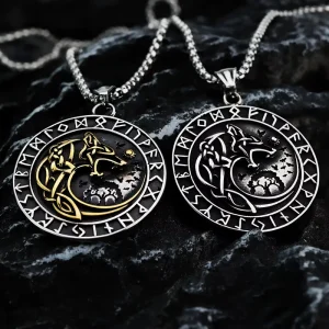 Stainless Steel Viking Wolf Head Compass Pendant Necklace with Runic Symbol for Men
