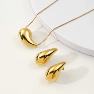 Stainless Steel Waterdrop Shape Pendant Necklace Earrings Fine Jewelry Set