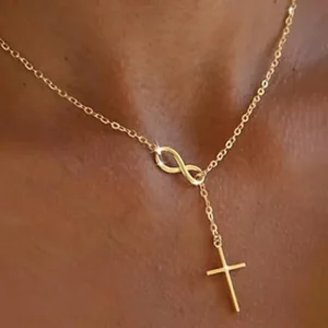Stainless Steel Waterproof 18K Gold Plated PVD Ins Style Jewelry Tarnish Free Infinite Cross Women Religious Collarbone Necklace