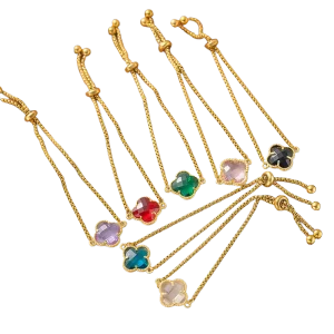 Stainless Steel Women’s Clover Bezel Set Crystal Rhinestone Engagement Clavicle Chain Bracelet Shiny 18K Gold Plating
