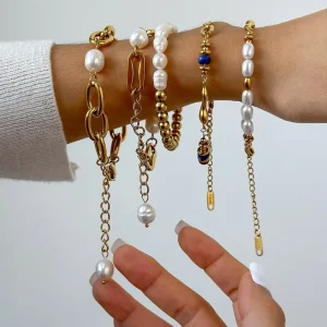 Stainless Steel Women’s Pearl Beads Chain Bracelet Set Light Luxury Geometric Layering Chain Party Jewelry