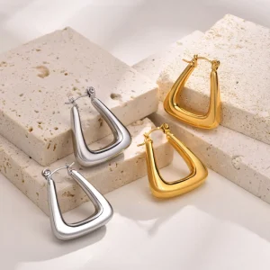 Stainless Steel Women’s Trendy Hollow U shaped Geometric Hoop Earrings Gold Plated for Party
