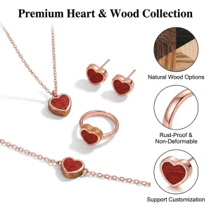 Stainless Steel Wood Inlay Heart Pendant Necklace Set High Quality Religious Christian Jewelry for Women Factory Customizable