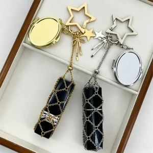 Stainless Steel Woven Lipstick Holder Keychain Star Carabiner with Mirror Bow Charm Bag Pendant for Girls