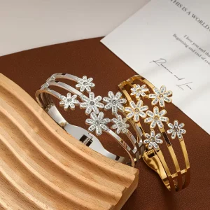 Stainless Steel Zircon Bangle Unisex Luxury Trendy Jewelry Gold Plated Brilliant Cut Geometric Design Adjustable Daily