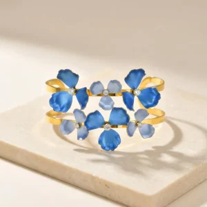 Stainless Steel Zircon Blue Flower Geometric Double-layer Cuff Bracelet Gold Plated