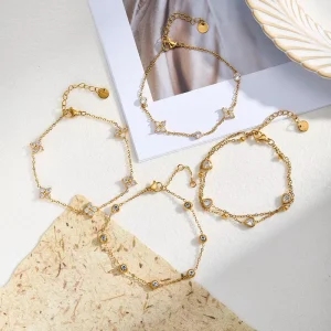 Stainless Steel Zircon Charm Bracelet 18K Gold Plated Geometric Heart Design for Women’s Wedding Accessories