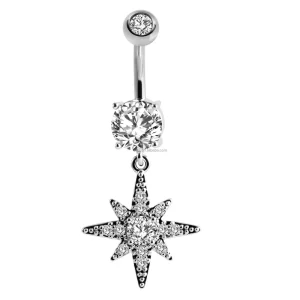 Stainless Steel Zircon Star Dangle Navel Ring Unisex Eyebrow Belly Button Ring Piercing Jewelry