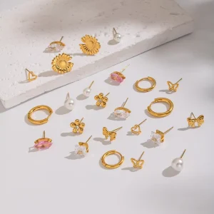 Stainless Steel pink Diamond Flower Simple Stud Earrings 18k Pvd Good Waterproof Stacker Earrings Set