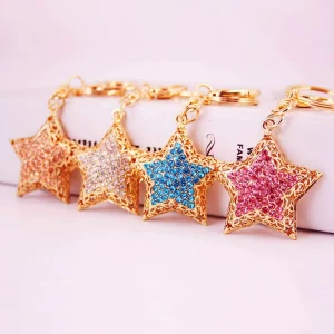 Star Charm Pendant Bag Accessory Women Key Ring With Shiny Rhinestone Metal