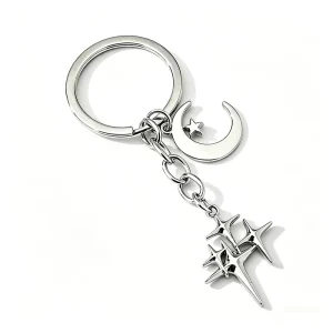 Star Moon Keychain Four Pointed Star Alloy Key Ring Celestial Crescent Moon Bag Charm Fashion Metal Backpack Pendant