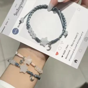 Star and Moon Glass Beads Bracelet Set Simple Style Adjustable Jewelry Best Friend Couples Gift