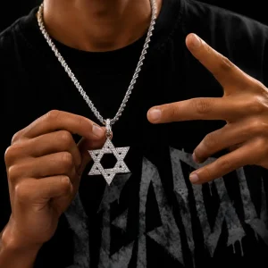 Star of David Pendant Necklace Brass Inlaid Cubic Zirconia Six pointed Star Hip Hop Necklace for Men Women