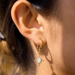 Starburst Opal Huggie Hoop Earrings Gold Plated Celestial Drop Earrings Hypoallergenic Jewelry for Daily and Party