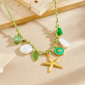 Starfish Pendant Necklace Green Thick Rope Chain 18K Gold Plated Waterproof Anti Tarnish Jewelry TGXL8654