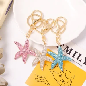 Starfish Rhinestone Keychain Zinc Alloy Ocean Animal Crystal Bag Charm Car Key Ring Women Fashion Jewelry