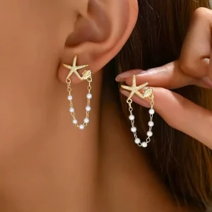 Starfish Shell Pearl Fashion Earrings Ocean Beach Style Trendy Party Gold Plated Waterproof Fine Jewelry Earrings
