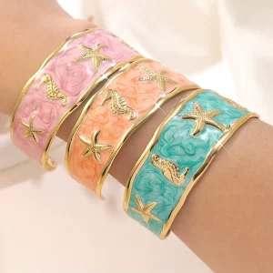 Starfish Stainless Steel Bracelet Gold Plated Oil Drop Cuff Open C Shape Bangle Fashion Jewelry Pulsera De Flores