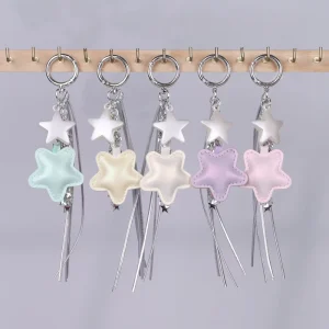Stars Charm Cute Cartoon Simple PU Leather Keychain Fashion Jewelry Accessories Metal Stars with Tassels Bag Pendant