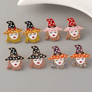 Statement Colorful Enamel Diamond Witch Stud Earrings Rhinestone Witch Hat Shaped Earrings Halloween Jewelry