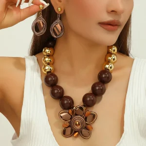 Statement Crystal Bead Aluminum Wire Woven Flower Necklace Earrings Set Women Fashion Jewelry Accessories Gift Box Set