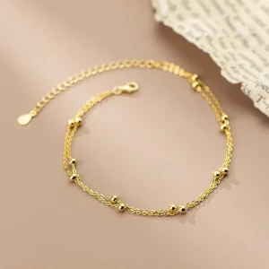 Statement Double Layer Chain Round Ball Beaded 18K Gold Plated 925 Sterling Silver Anklets Bracelet Fashion Jewelry for Women