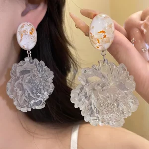 Statement Women Fashion Transparent Flower Drop Earring Korean Sweet Holiday Party Large Clear Camellia Flower Pendant Earring