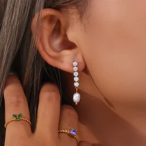 Steel Real Pearl Drop Earrings Zircon Link Chain Pendent Earrings Women Jewelry Freshwater Pearl Earring
