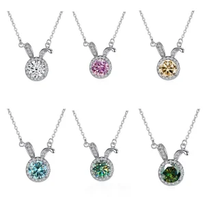 Sterling Silver 925 Cross Round Cut 1CT VVS GRA Moissanite Jewelry Cute Delicate Rabbit Pendant Chains Necklace for Girls