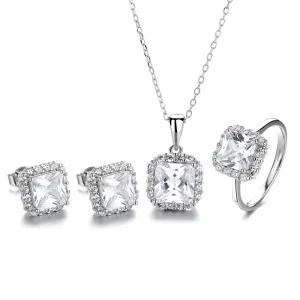 Sterling Silver 925 Stud Fashion Square Diamond Pendant Ring CZ Earrings Set