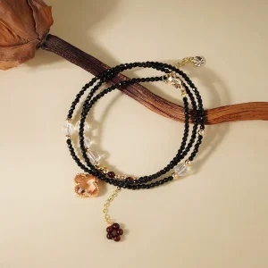 Sterling Silver Gold Plated Natural Crystal Healing Stone Black White Crystal Beaded Garnet Clover Necklace