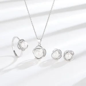 Sterling Silver Pearl Flower Jewelry Set