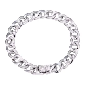 Sterling Silver Rhodium Plated Zircon Cuban Link Chain Bracelets Hip Hop Trendy Jewelry for Men Women Gift