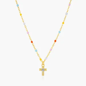 Strand String Necklace 925 Sterling Silver Rainbow Beaded Tiny Cross CZ Pendant Necklace for Women Girls Fine Jewelry
