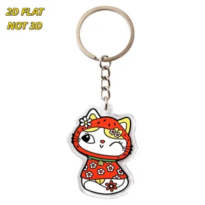 Strawberry Cat Acrylic Keychain Winking White Kitten in Red Floral Dress with Berry Hood & Bell Clear Double Sided Charm