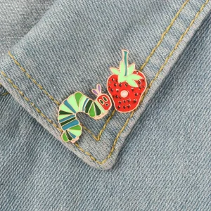 Strawberry Caterpillar Enamel Pin Cartoon Plant Animal Badge Brooch Lapel Pin Jeans Shirt Bag Funny Cute Jewelry Gift