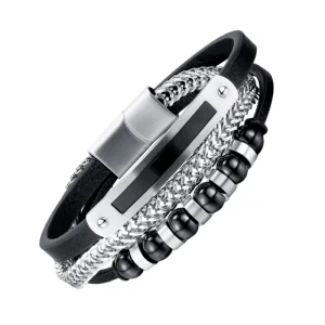 Street Trendy Men’s Woven Multi Layer Bracelets Black Asymmetric Magnetic Stainless Steel Fashionable Charm Accessory
