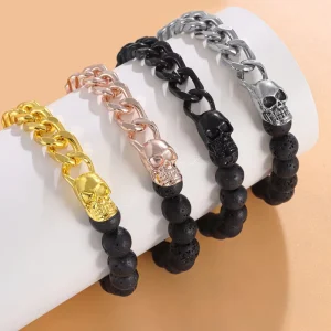 Stretch Lucky 8mm Stone Beads Bracelet Fashion Punk Gold Chain Skull Lava Beaded Bracelet for Men