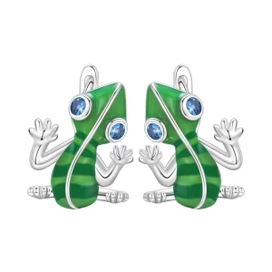 Striped Green Chameleon Lizard Design Drop Earrings Inlaid Blue CZ Crystal Silver Plated Copper Alloy Women’s Trendy Jewelry