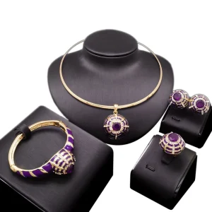 Striped Purple Enamel Ball Jewelry Set Complete Necklace Earrings Bangle Ring Women Wedding Jewelry Kit HD16010867
