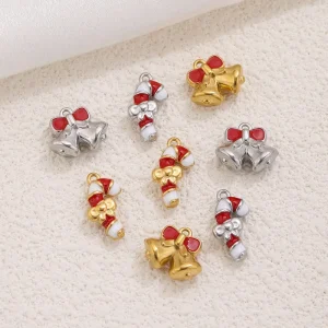 Stylish Christmas Enamel Charms Gold Plated Stainless Steel Christmas Bell & Candy Cane Pendant for Jewelry DIY Accessories