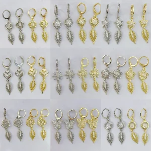 Stylish Diamond Heart Earrings 14K Gold Plated Fashion Accessories Trendy Flower Leaf Drop Parties
