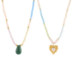 Stylish Malachite Heart Pendant with Pearl Inlay on Stainless Steel 18K Gold Plated Necklace Chic Fashion Jewelry for Women