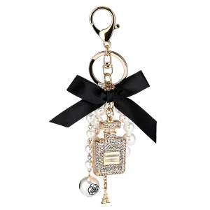 Stylish Pearl Beads Diamond Bowknot Perfume Bottle Keychain Women Handbag Charms Car Key Ring Girls Purse Bag Wallet Key Chain