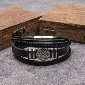 Stylish Tree Life Pattern Wrap Bracelet Multi-Layer Construction Faux Leather Gold/Silver Plated Alloy Secure Clasp Anniversary