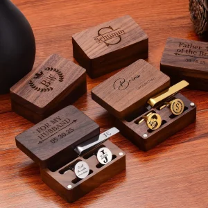 Subli Forward Laser Engraved Stainless Steel Magnetic Round Cuff Links in Custom Wood Box Set for Men’s Jewelry Fashion