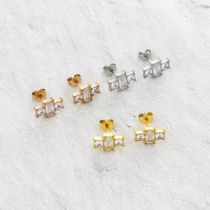 Subtle Gold Plated Stainless Steel Square Zirconia Crystal Stud Earrings Cute Fashion Accessory Unisex Gift