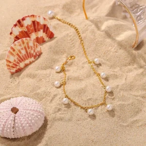 Summer Beach Anklet for Women PVD 18K Gold Pearl Bead Tassel Pendant Waterproof Tarnish Free Jewelry